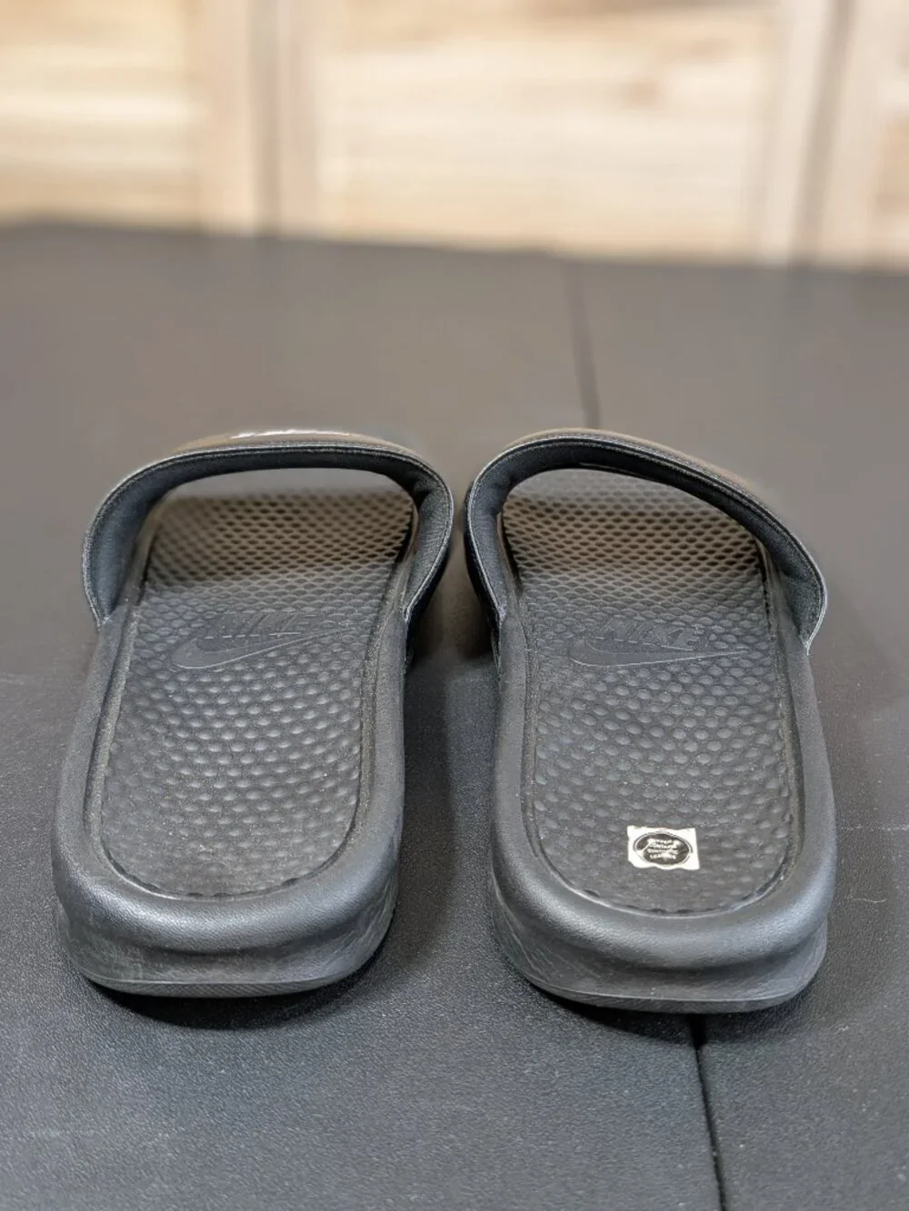 Nike Black Slides with White Swoosh Size 15
